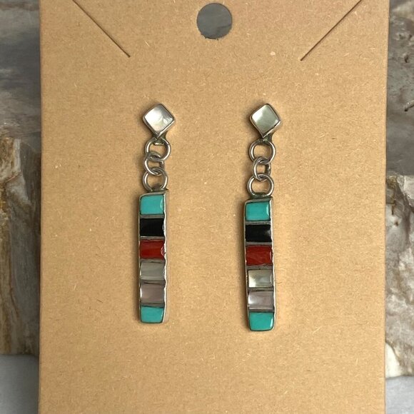 Sterling Silver 925 Multi Gemstone Turquoise Coral MOP Bar Dangle Earrings - Picture 15 of 16